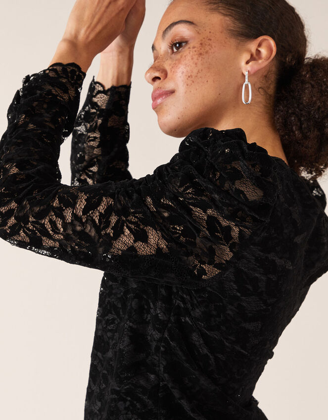 Flocked Lace Long-Sleeve Top, Black (BLACK), large