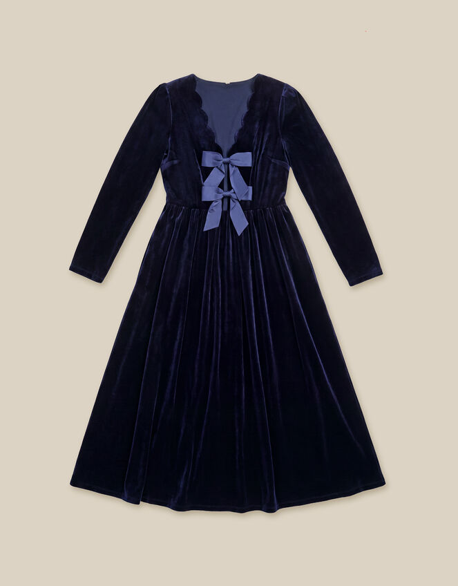 Britney V-Neck Bow Velvet Midi Dress, Blue (MIDNIGHT), large