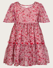 3D Hearts Floral Short Sleeve Dress, Red (RED), large