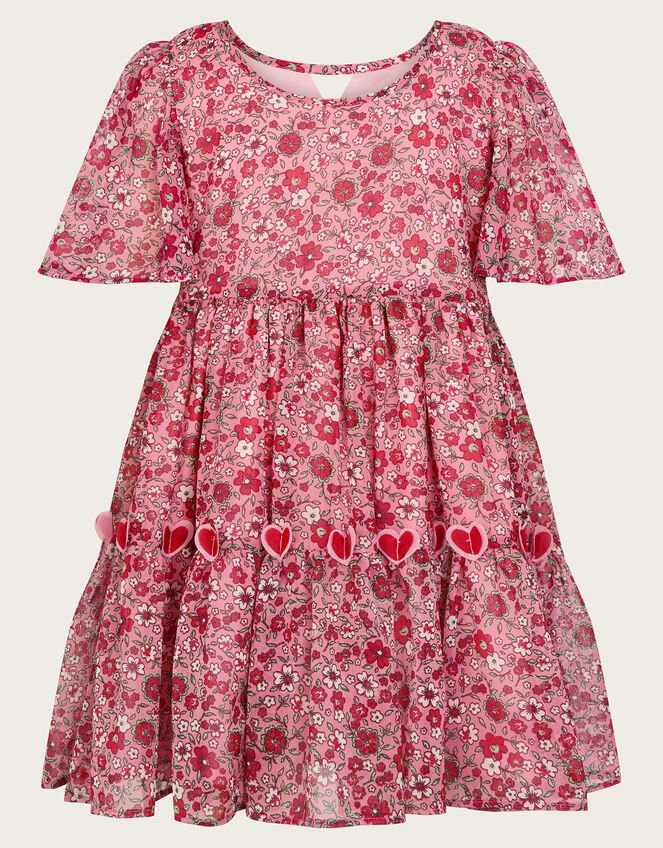 3D Hearts Floral Short Sleeve Dress, Red (RED), large