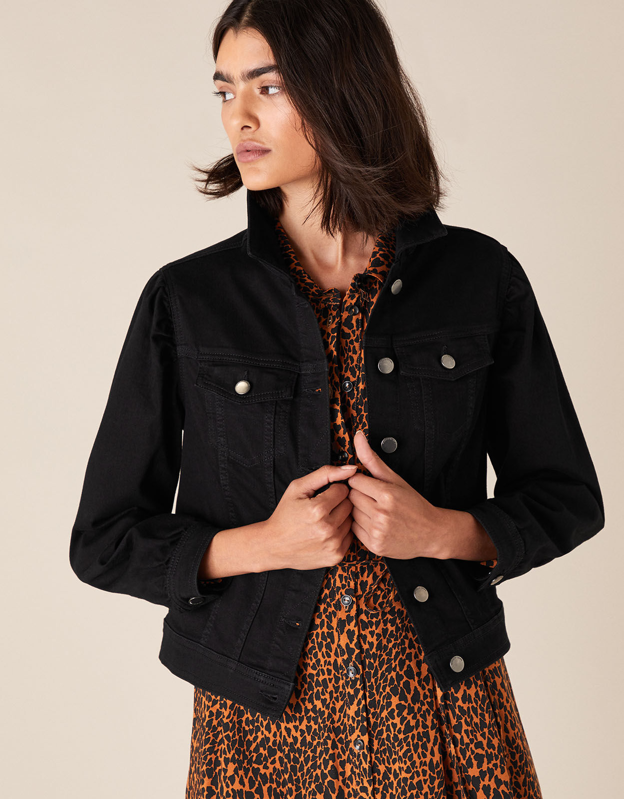 black puff shoulder denim jacket