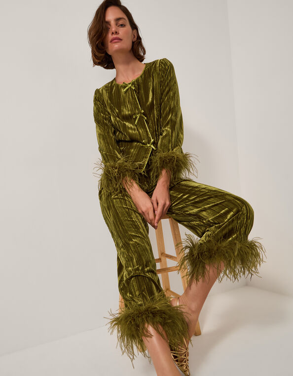 Olivia Feather Cuff Velvet Trousers, Green (OLIVE), large