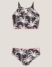 Palm Print Bralette Bikini Set, Black (BLACK), large