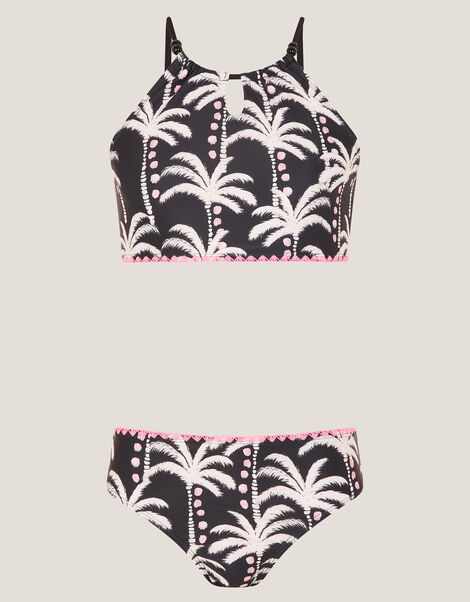 Palm Print Bralette Bikini Set, Black (BLACK), large