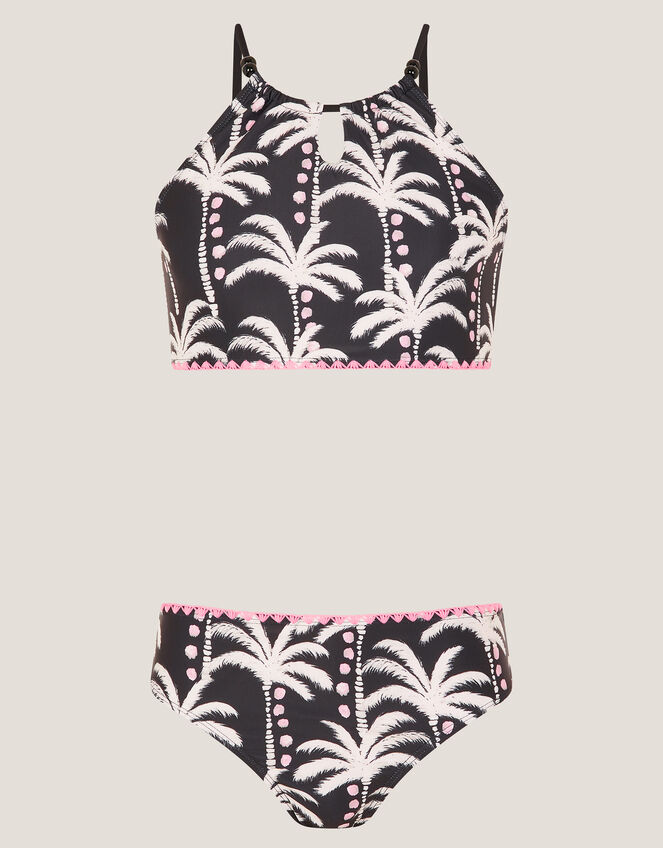 Palm Print Bralette Bikini Set, Black (BLACK), large
