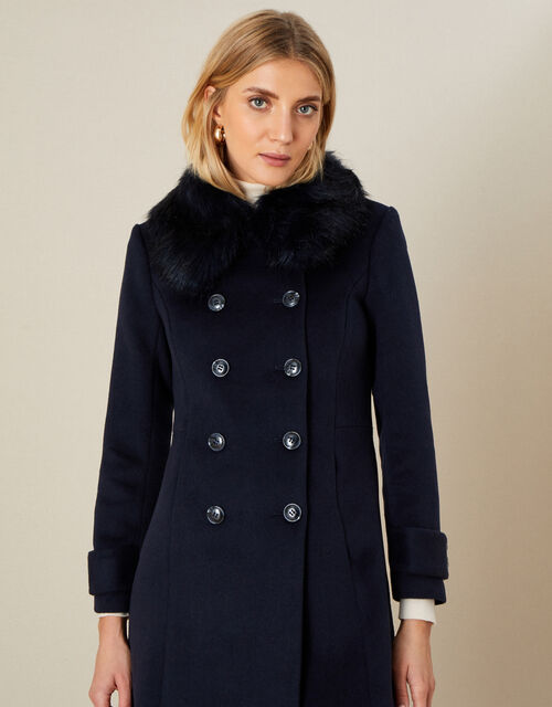 Fiona Faux Fur Collar Coat Blue Women, Navy Blue Fur Coat Womens