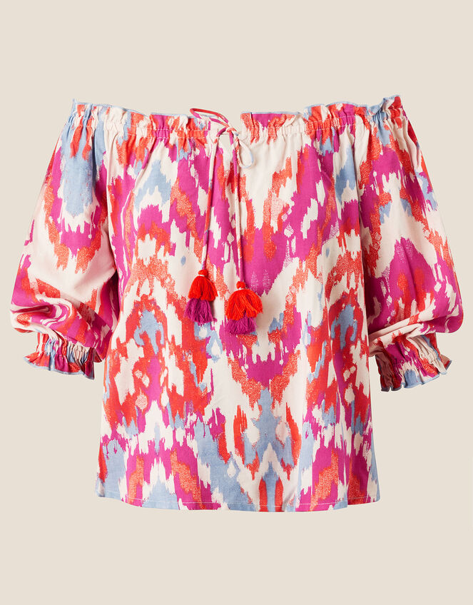 Ikat Print Bardot Off-Shoulder Top, Pink (PINK), large