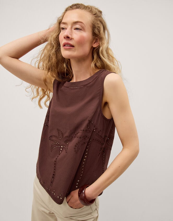 Eden Palm Cutwork Tank Top, Brown (BROWN), large