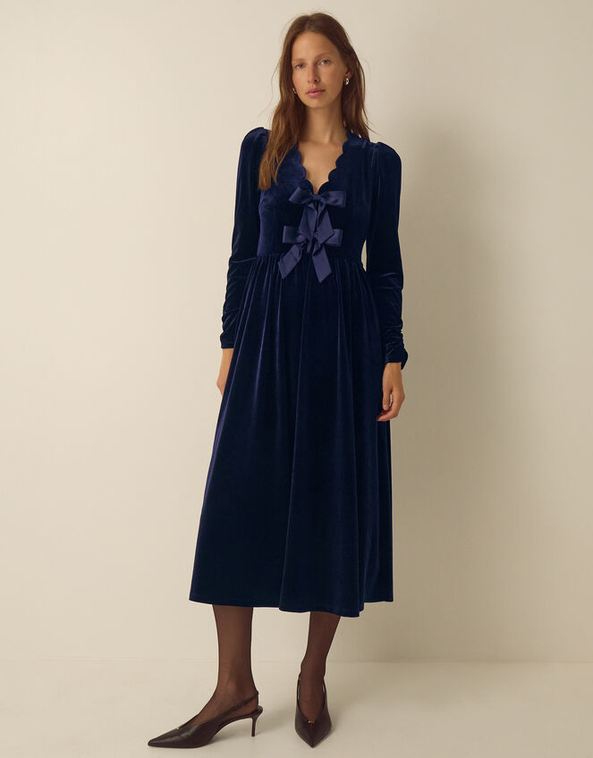 Britney V-Neck Bow Velvet Midi Dress, Blue (MIDNIGHT), large