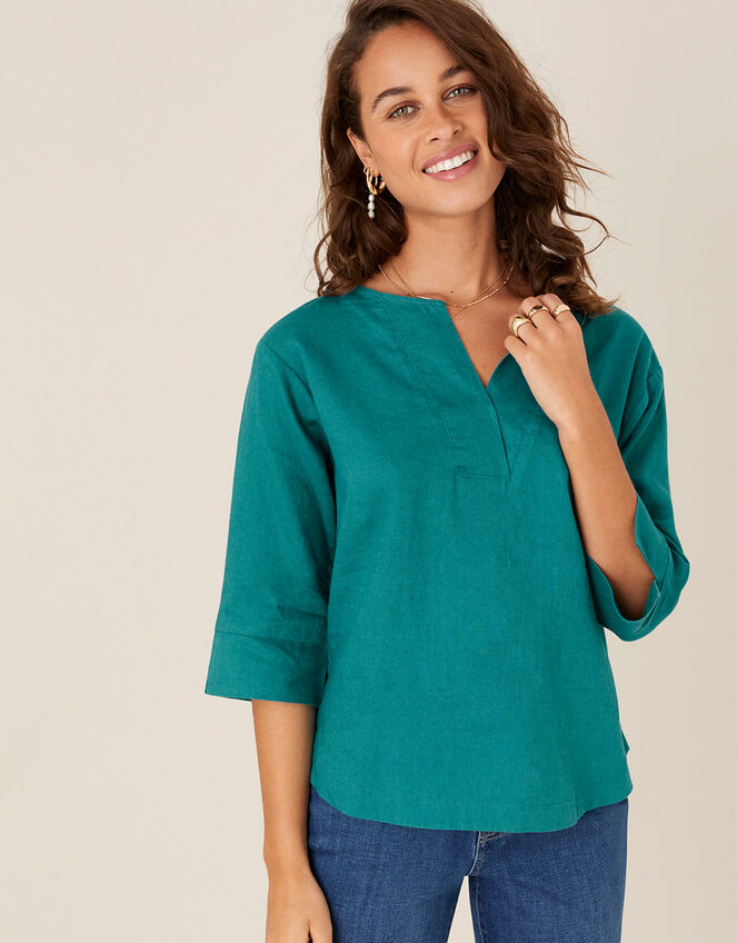 Daisy Plain T-Shirt in Pure Linen, Teal (TEAL), large