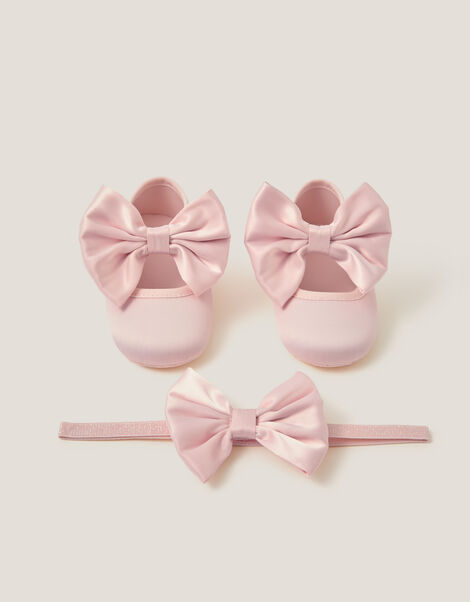 Baby Satin Bow Headband & Booties Set, Pink (PINK), large