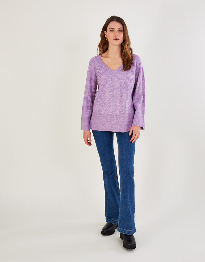 V-Neck Cable Longline Jumper with Recycled Polyester , Purple (LILAC), large