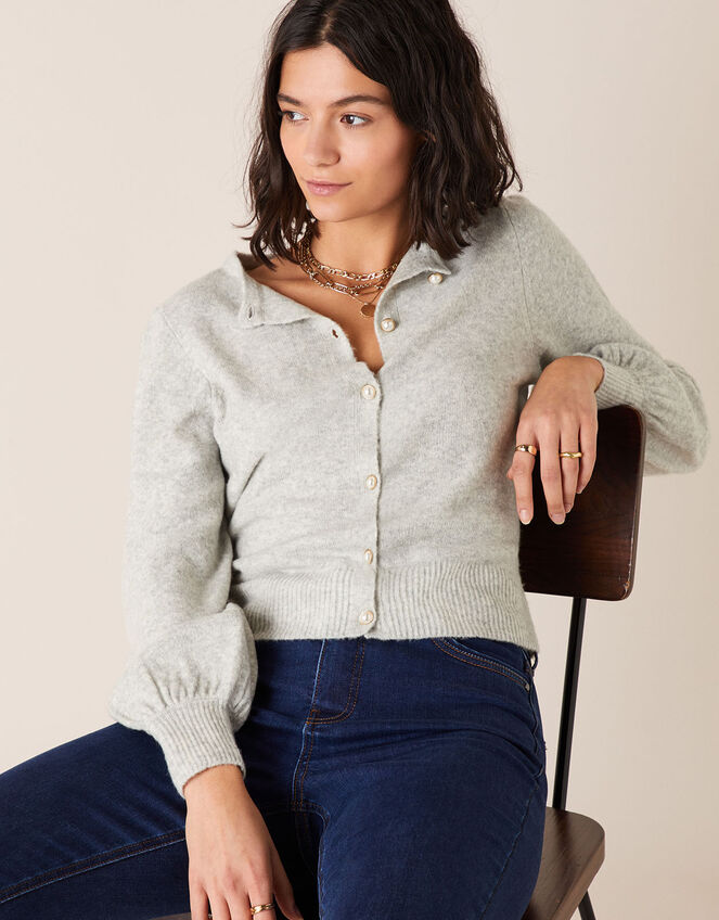 Pearl Button Cropped Cardigan, Grey (GREY), large