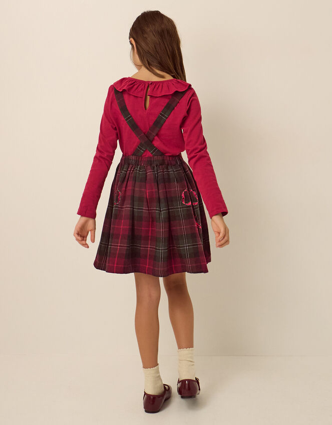 Frill Top & Tartan Pinafore Dress Set, Red (BURGUNDY), large