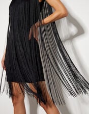 Tara Sleeveless Fringe Mini Dress, Black (BLACK), large