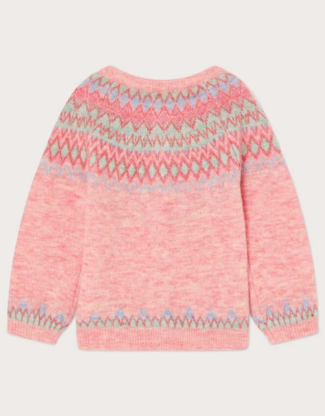 Fair Isle Knit Cardigan in Recycled Polyester, Pink (PINK), large