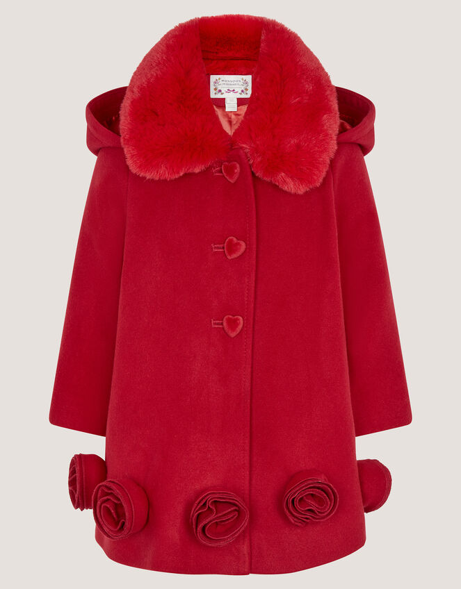 Baby Faux Fur Collar Rosette Coat, Red (RED), large