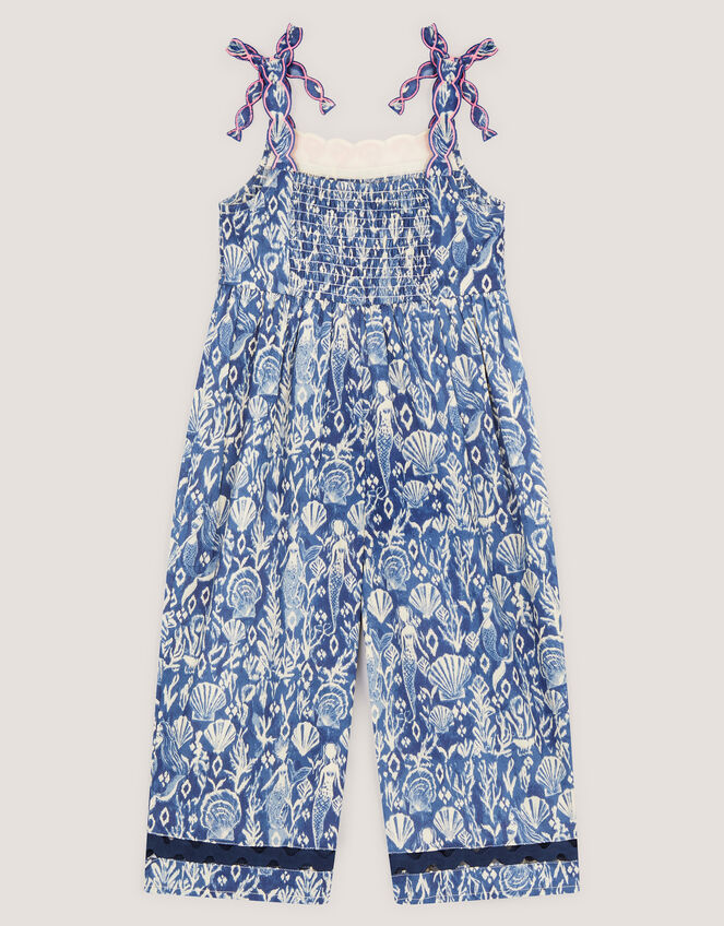Mermaid Print Smocked Culotte Jumpsuit, Blue (BLUE), large
