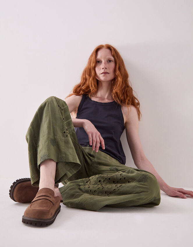 East Tasia Broderie Patchwork Trousers, Green (OLIVE), large