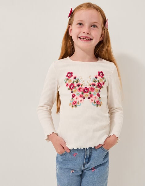 Butterfly Embroidered Ribbed Top, Ivory (IVORY), large