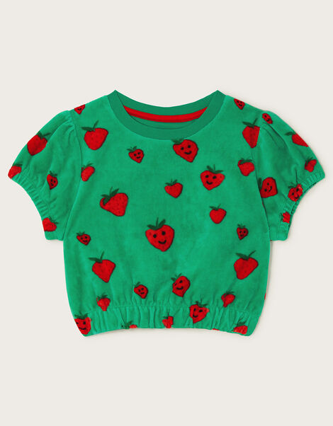 Strawberry Print Velour Top, Green (GREEN), large