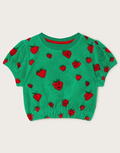 Strawberry Print Velour Top, Green (GREEN), large