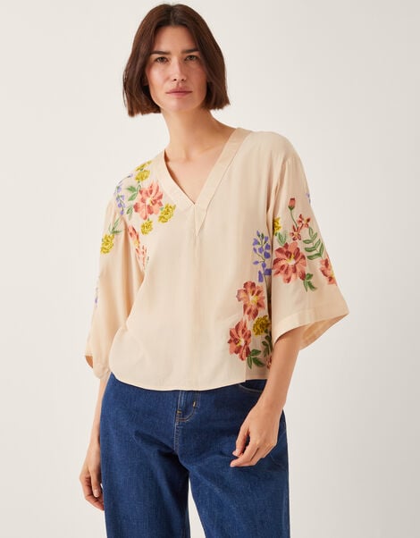 Sylvia Floral Embroidered V-Neck Top, APRICOT, large