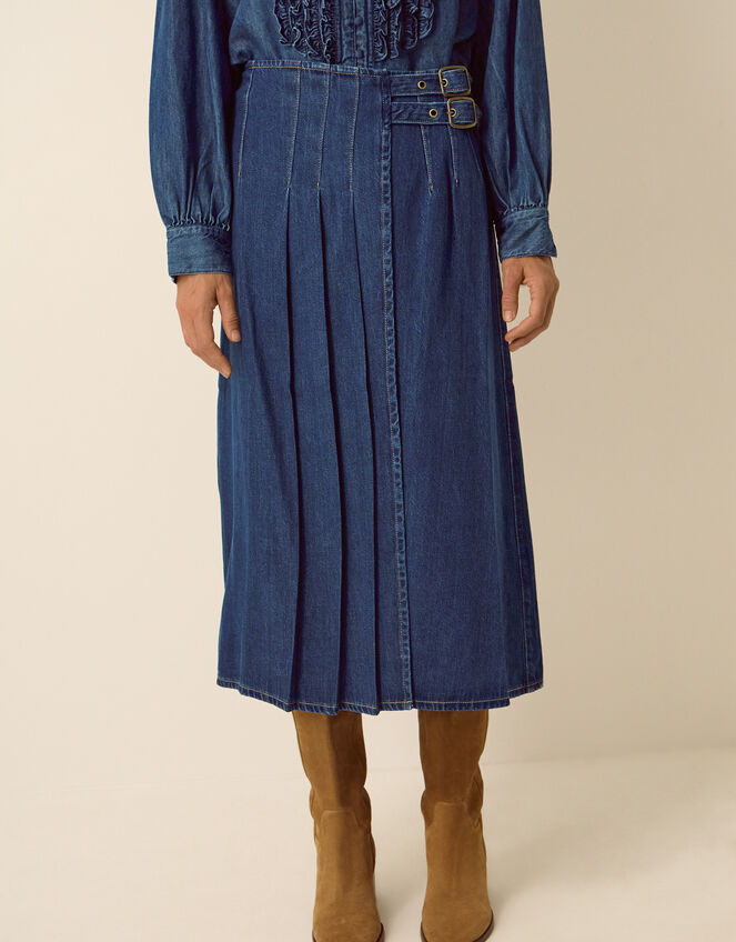 Kitty Denim Kilt Midi Skirt, Blue (INDIGO), large