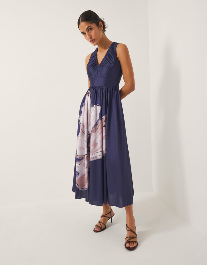 Sylvia Floral Print Satin Midi Dress, Blue (NAVY), large