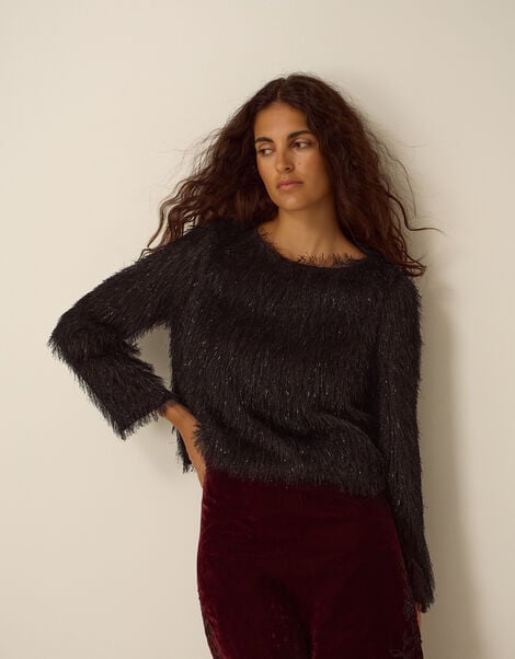Tessa Long Sleeve Fringe Top, Black (BLACK), large
