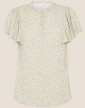 Daisy Print Short Sleeve Blouse, Green (GREEN), large