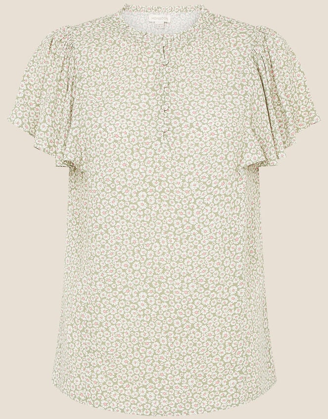 Daisy Print Short Sleeve Blouse, Green (GREEN), large