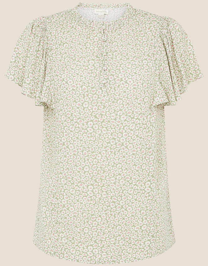 Daisy Print Short Sleeve Blouse, Green (GREEN), large