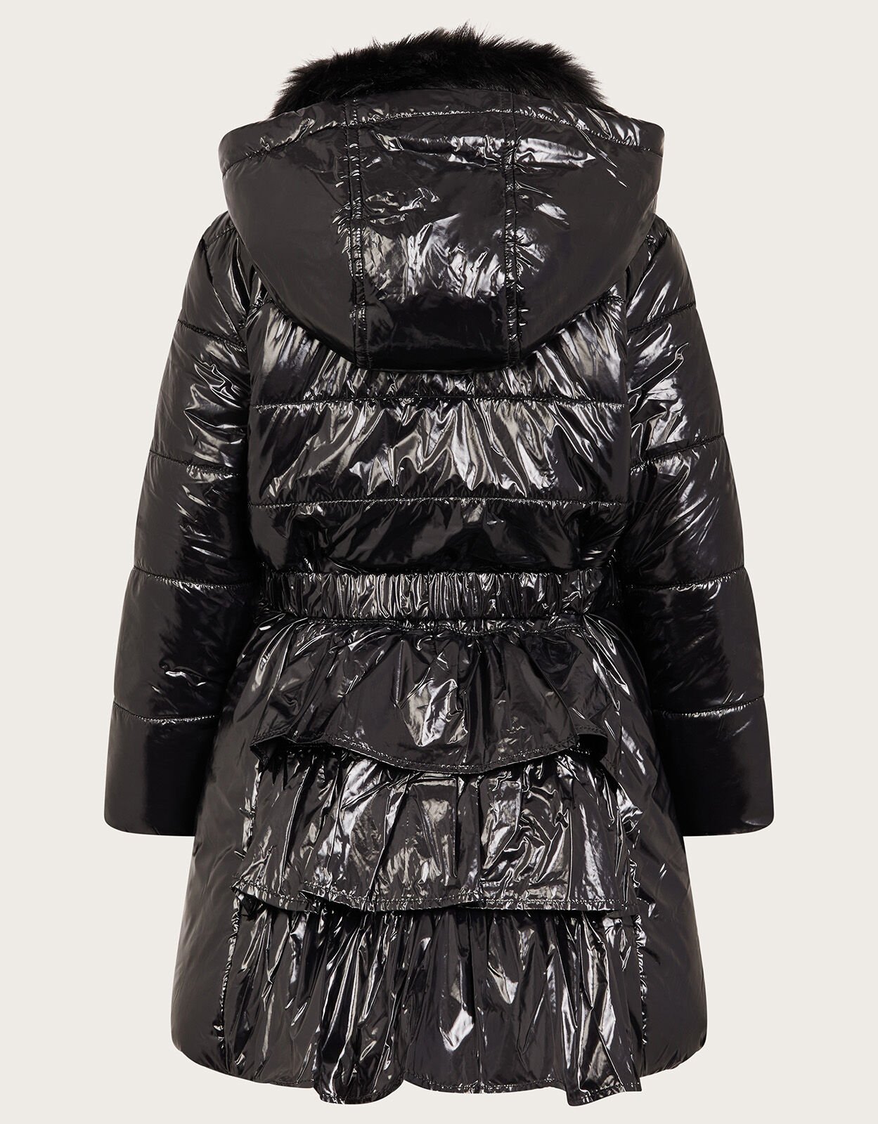 High Shine Ruffle Padded Coat Black