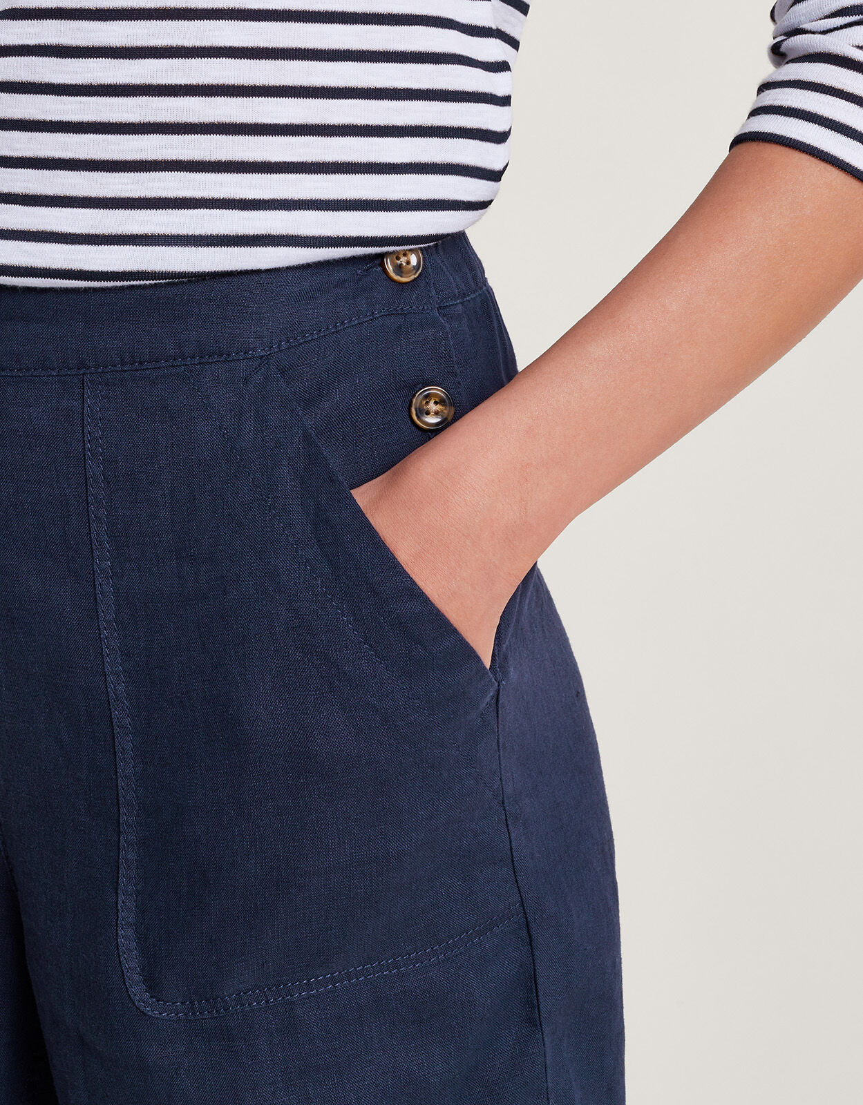 Monsoon navy linen trousers cheap