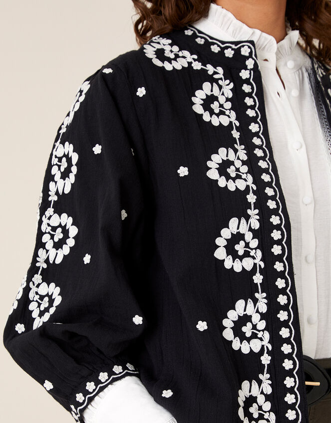 Floral Embroidered Jacket in Organic Cotton, Black (BLACK), large