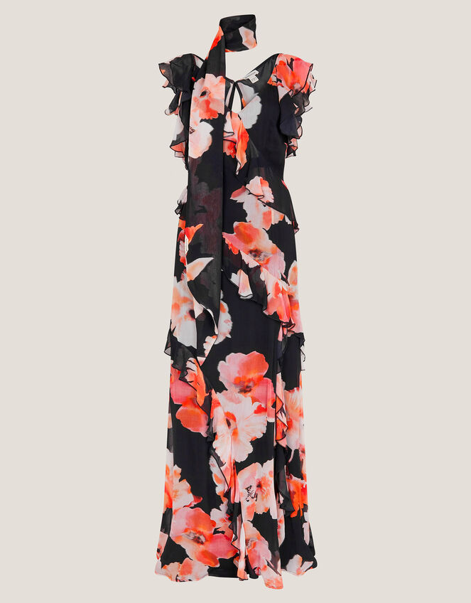 Carrie Floral Ruffle Chiffon Maxi Dress, Black (BLACK), large