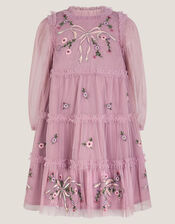 Floral Bow Embellished Tulle Dress, Purple (PURPLE), large