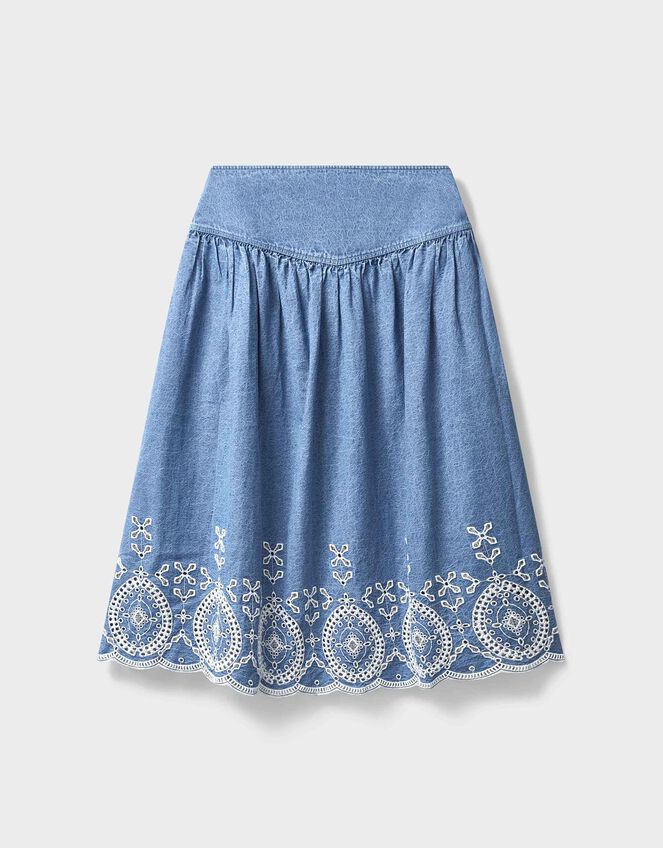 East Coralie Broderie Denim Midi Skirt, Blue (BLUE), large