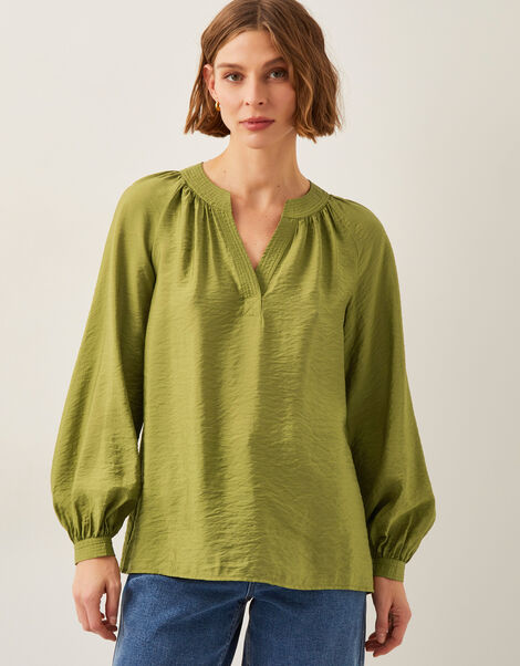 Aya Long Sleeve Satin Blouse, Green (GREEN), large