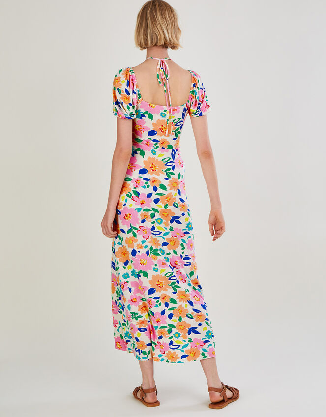 Floral Puff Sleeve Jersey Midi Dress, Ivory (IVORY), large