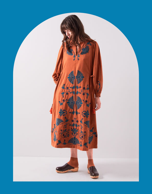 East Katie Embroidered Midi Dress, Orange (RUST), large