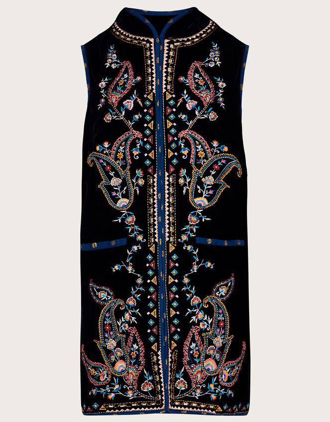 Jordan Paisley Embroidered Longline Velvet Waistcoat, Black (BLACK), large