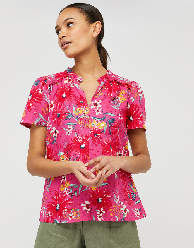 Dhana Floral Top in Linen and Organic Cotton, Pink (PINK), large