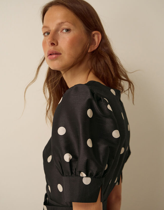 Amara Polka Dot Belted Midi Dress, Black (BLACK), large