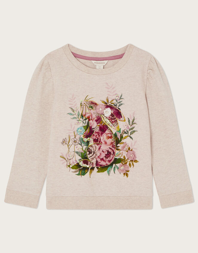 Embellished Bunny Floral Sweatshirt, Camel (OATMEAL), large