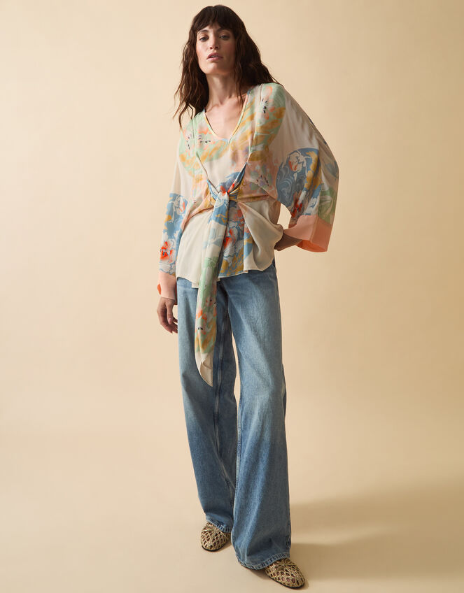 Clemence Amelie Tie Front Floral Top, Cream (CREAM), large