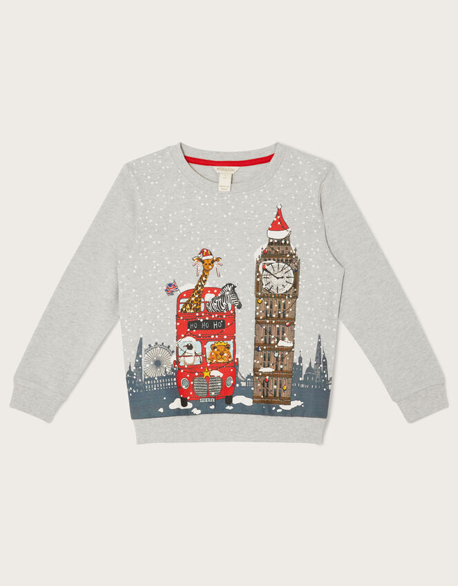 London Christmas Bus Sweatshirt, Grey (GREY), large