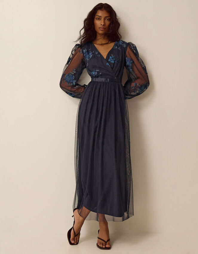Charlotte Floral Embroidered Mesh Midi Dress, Blue (NAVY), large