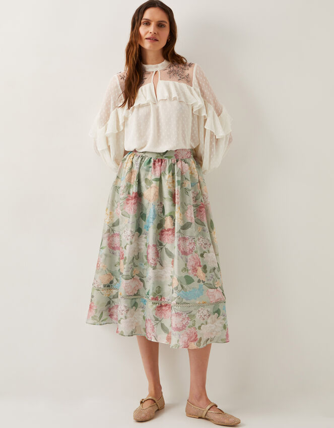 Agnes Floral Print Midi Skirt, Green (SAGE), large